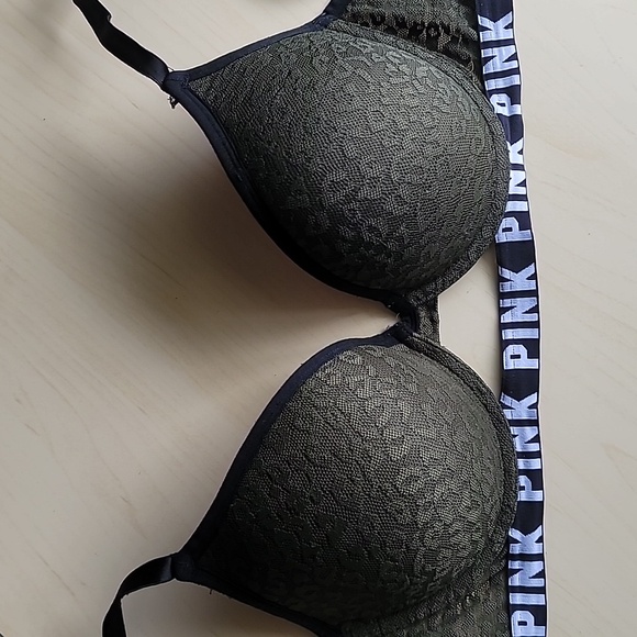 Victoria's Secret PINK Where Everywhere Push Up 32DD Dark Green Leopard Lace - Picture 12 of 13